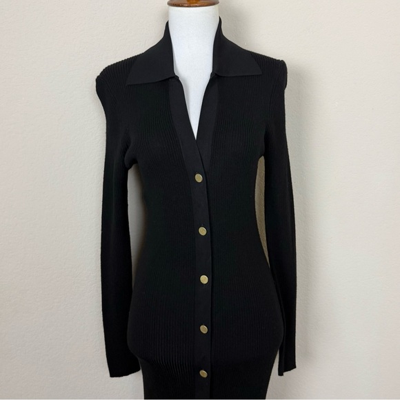 ALICE + OLIVIA Alcina Long Sleeve Button-Up Rib Knit Midi Dress in Black - Picture 7 of 16